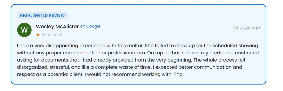 Wesley McAlister, Google Review